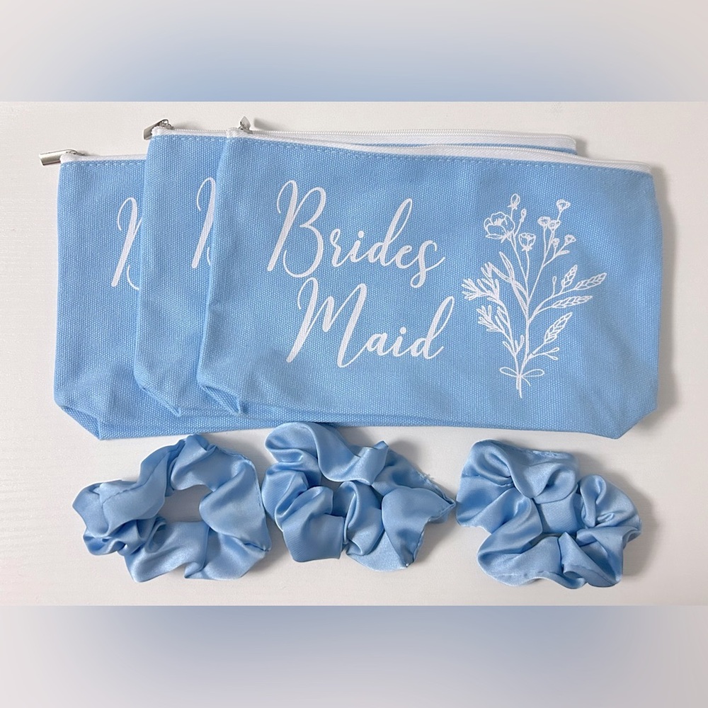 Bridesmaid Gifts Wedding Proposal Cosmetic Makeup Bags and Scrunchies 6 Pcs Blue